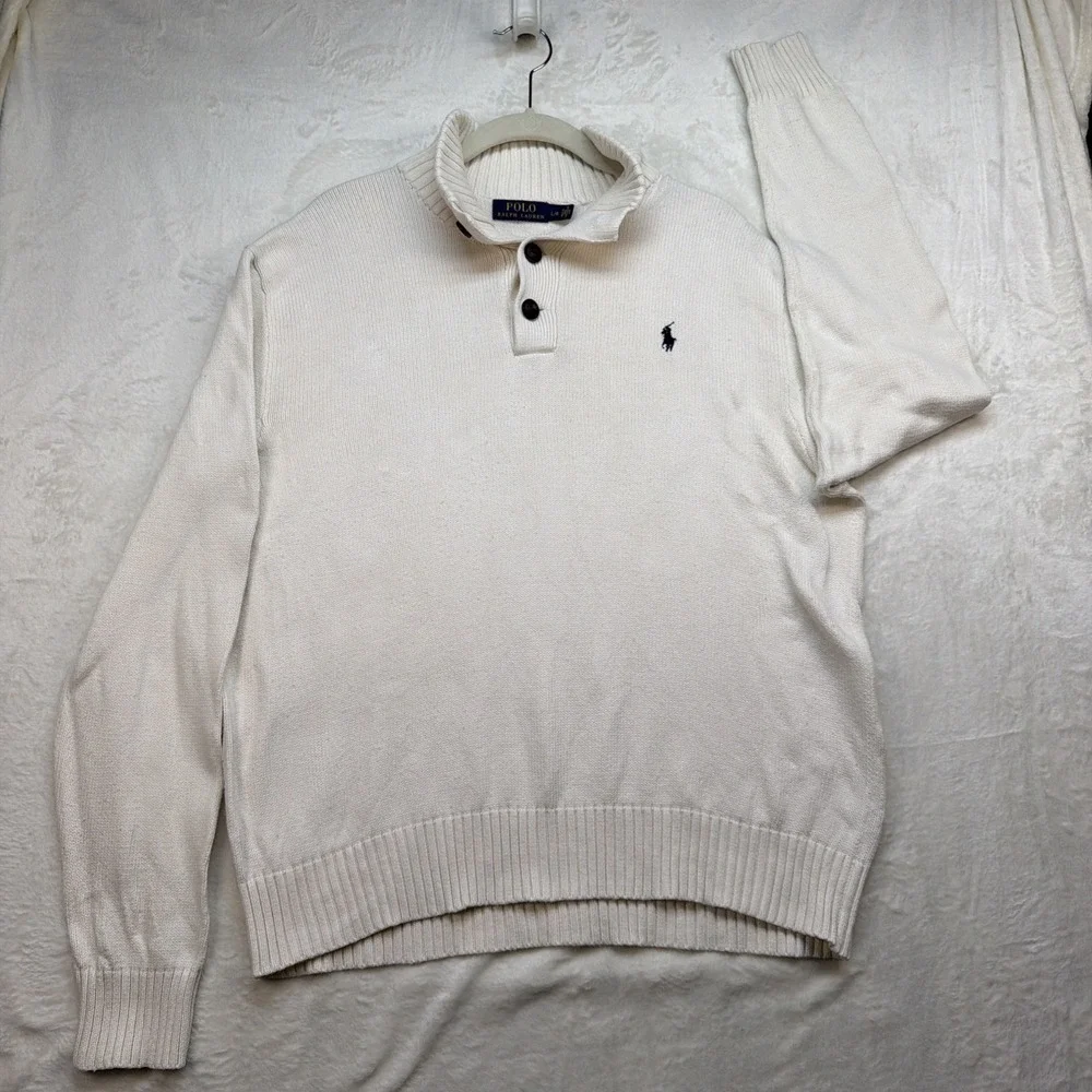 Polo Ralph Lauren‎ Sweater Mock Neck Button Collar Pony Logo Cream Mens Large